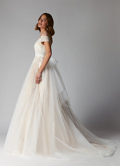 Azazie Cindy Wedding Dresses A-Line Illusion Off-The-Shouler Lace Tulle Chapel Train Dress image3