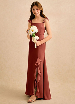 Azazie Novalie Girls Formal Robe Demoiselle D'honneur Fillette Robe Sirène en Satin extensible Arc Terracotta image2
