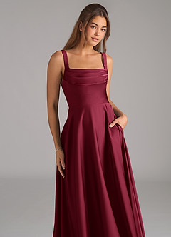 Azazie Shaude Bridesmaid Dresses Burgundy A-Line Pleated Stretch Satin Dress image3