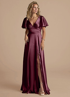 Azazie Kimber Bridesmaid Dresses Cabernet A-Line Ruched Metallic Satin Dress image5