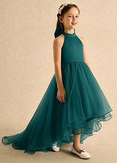 Azazie Melina Robe Demoiselle D'honneur Fillette Robe Trapèze en Tulle Plissé Paon image4