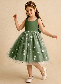 Azazie Bean Blumenmädchenkleider Ballkleid Schleifen Tüll Kleid Olivgrün image4
