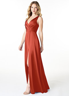 Azazie Nelly Bridesmaid Dresses Rust A-Line V-Neck Pleated Stretch Satin Dress image3