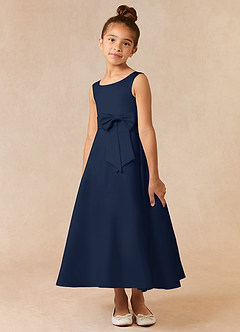 Azazie Lindy Flower Girl Dresses Dark Navy A-Line Pleated Matte Satin Dress image4