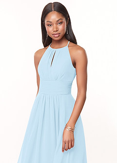 Azazie Bonnie Robes de demoiselle d'honneur Robe Trapèze en Mousseline de soie Trou de serrure froncé Bleu Ciel image5