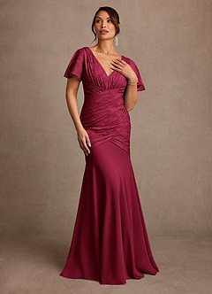Azazie Jolene Mother of the Bride Dresses Burgundy Mermaid Pleated Floral Burnout Dress image4