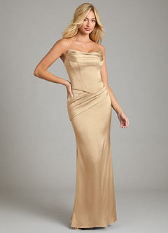 Azazie Sorrel Bridesmaid Dresses Champagne Mermaid Strapless Stretch Satin Convertible Dress image6