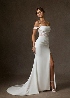 Azazie Alyce Vestidos de novia Vestido de Blanco Diamante Nude de Satén con cara trasera de crepé de Corte Sirena con Vestidos sin tirantes image3