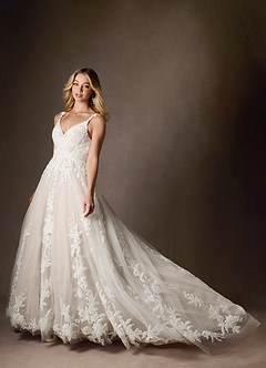Azazie Delaina Wedding Dresses Diamond White Caramel A-Line V-Neck Sequins Tulle Dress image6