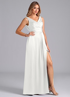 Azazie Karina Bridesmaid Dresses White A-Line Pleated Stretch Satin Dress image5