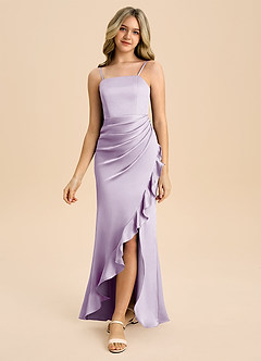 Azazie Buzzy Junior Vestido de Lila Esmerilada de Satén Elástico de Corte Recto con Plisado image5