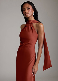 Azazie Cassiana Jurken voor bruidsmeisjes Jurk van Stretch Satijn met Zeemeermin Geplooid Terracotta image3