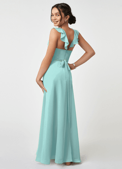 Azazie Emily Junior Aqua A-Line Ruched Chiffon Dress image4