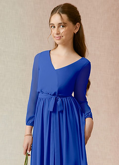 Azazie Angelica Junior Abito A-Line in Chiffon Plissettato Blu Reale image6