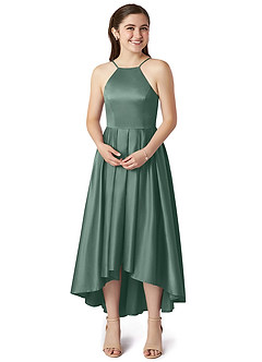 Azazie Jemima Junior Eucalyptus A-Line with Pockets Stretch Satin Dress image4