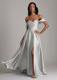 Azazie Loisa Abiti da Damigella Abito A-Line in Raso Elasticizzato a Spalla Scoperta Argento image1