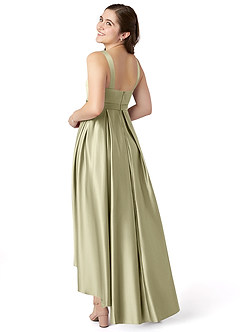Azazie Inaya Junior Pistachio A-Line with Belt Stretch Satin Dress image4