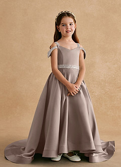Azazie Jodi vestidos de niña de las flores Vestido de Gris Pardo de Satin Mate de Corte En A image4
