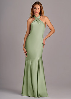 Azazie Lorena Bridesmaid Dresses Dusty Sage Mermaid Pleated Stretch Satin Dress image4