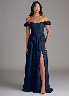 Azazie Autumn Bridesmaid Dresses Dark Navy A-Line Off the Shoulder Floral Burnout Convertible Dress image5