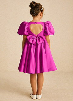 Azazie Muffin Robe Demoiselle D'honneur Fillette Robe Trapèze en Mat Satiné avec manches Fuchsia image1