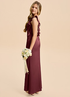 Azazie Jessamine Junior Merlot Sheath Ruched Stretch Satin Dress image3