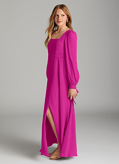 Azazie Leonia Junior Fuchsia A-Line with Pockets Chiffon Dress image3