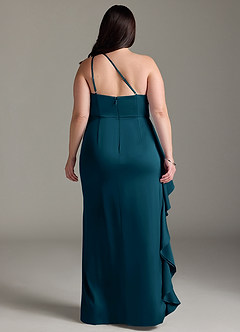 Azazie Latrice Bridesmaid Dresses Ink Blue Sheath One Shoulder Cascading Ruffles Stretch Satin Dress image7
