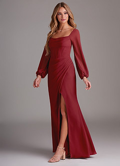 Azazie Charissa Bridesmaid Dresses Pomegranate Sheath Long Sleeve Chiffon Dress image4