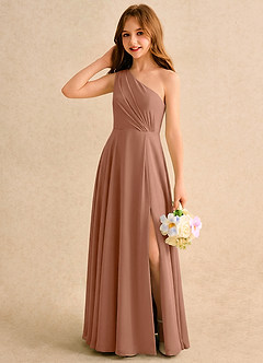 Azazie Puddles Girls Formal Robe Demoiselle D'honneur Fillette Robe Trapèze en Mousseline de soie Une épaule Bronze image3
