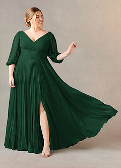 Azazie Zahara Mère de la mariée Robes Robe Trapèze en Mousseline de soie Col V plissé Vert Foncé image7