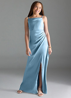 Azazie Leonis Junior Steel Blue A-Line Pleated Stretch Satin Dress image1