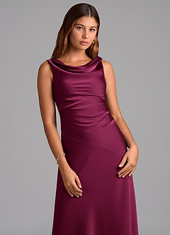 Azazie Nerine Bridesmaid Dresses Red Plum A-Line Pleated Stretch Satin Dress image6
