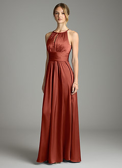 Azazie Bonnie Bridesmaid Dresses Terracotta A-Line Pleated Stretch Satin Dress image1