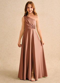 Azazie Puddles Girls Formal Flower Girl Dresses Bronzer A-Line One Shoulder Matte Satin Dress image4