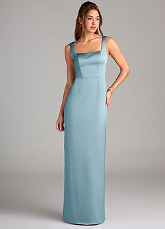 Azazie Flori Bridesmaid Dresses Moody Blue Sheath Side Slit Stretch Satin Dress image1