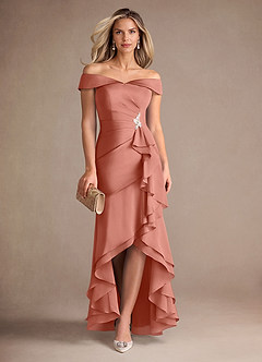 Azazie Billings Mother of the Bride Dresses Salmon Pink Mermaid Off the Shoulder Stretch Satin Dress image1