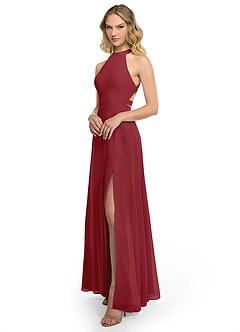 Azazie Clarice Bridesmaid Dresses Pomegranate A-Line Halter Chiffon Dress image2