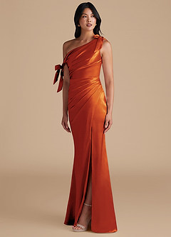 Azazie Xyla Bridesmaid Dresses Paprika Sheath Off the Shoulder Metallic Satin Convertible Dress image6