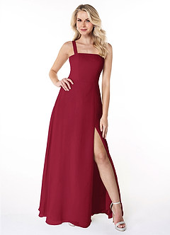 Azazie Jay Bridesmaid Dresses Burgundy A-Line Square Neckline Side Slit Chiffon Dress image1