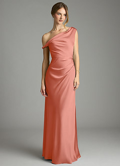 Azazie Emerson Vestidos de damas de honor Vestido Rosa Salmón de Satén Elástico de Corte Sirena con Hombros descubiertos image4