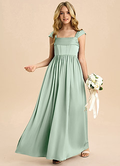 Azazie Hattie Junior Jurk van Stretch Satijn met A-Lijn Geplooid Agave image4