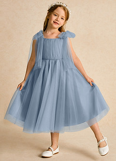Azazie Dori Robe Demoiselle D'honneur Fillette Robe Trapèze en Tulle Rayé Bleu Poussiéreux image4