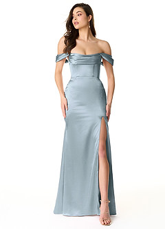 Azazie Liv Vestidos de damas de honor Vestido de Azul Polvoriento de Satén Metálico de Corte Recto Convertible con Vestidos sin tirantes image1