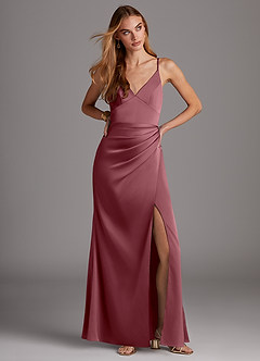 Azazie Shania Final Sale Desert Rose Sheath V-Neck Pleated Stretch Satin Dress image3
