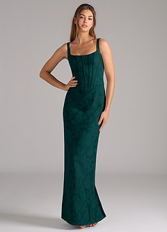 Azazie Kenna Bridesmaid Dresses Pine Sheath Side Slit Floral Burnout Dress image1
