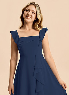 Azazie Nori Junior Robe Trapèze en Mousseline de soie Drapé Bleu Marine Foncé image7