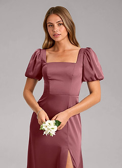 Azazie Fyona Bridesmaid Dresses Desert Rose A-Line Pleated Stretch Satin Dress image6