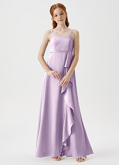 Azazie Kaylee Junior Robe Trapèze en Satin extensible avec ceinture Frostiges Flieder image1