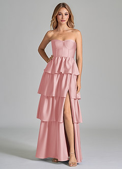 Azazie Faye Robes de demoiselle d'honneur Robe Trapèze en Satin extensible Rayé Rose Poudré image3